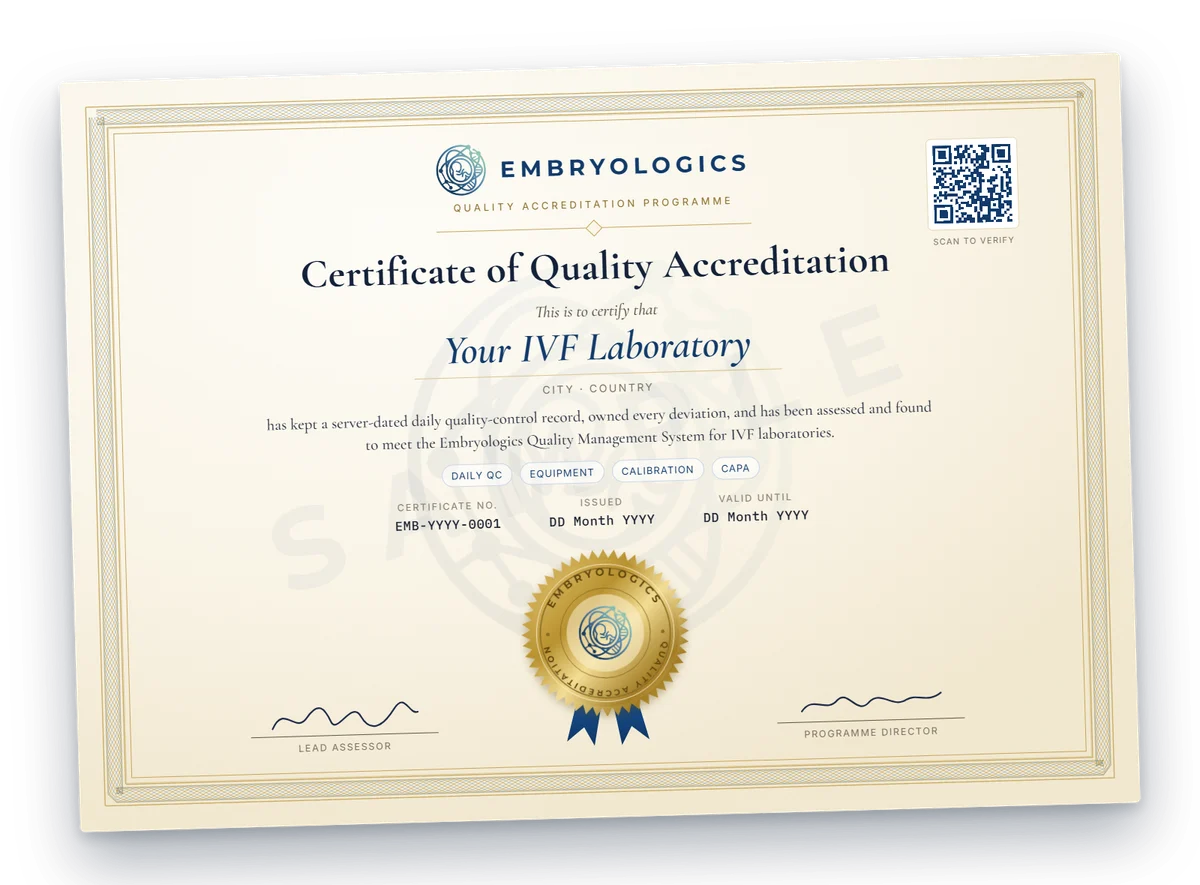 A sample Embryologics Certificate of Quality Accreditation with the Embryologics mark, gold seal and verification QR code